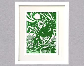 Oswestry Owl | Green Owl in Welsh countryside |  Original Linocut Print | Linocut Bird Art