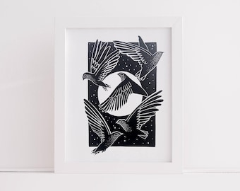 Vaux's Swifts - A4 Hand Printed Original Signed Linocut Print