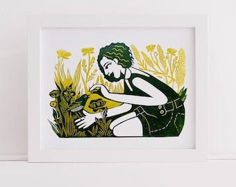 Handmade Linocut Print: Gardener and Robin in Wild Garden