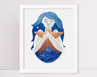 New Found Friend, Reduction Linocut Print of a Girl and a Starfish (Limited Edition of 15)