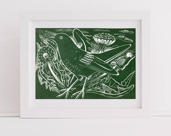 Blackbird Linocut Print, titled "Garden Visitor"