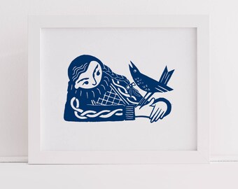 The Gift of Song - Girl with Blackbird Linocut Print in Blue, Red or Green