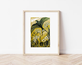 To Warmer Shores - A3 Handgedruckter Original Linoldruck in Grün oder Blau