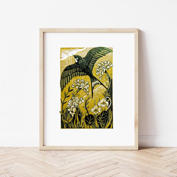 To Warmer Shores - A3 Hand Printed Original Signed Linocut Print in Green or Blue