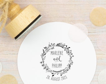 WEDDING STAMP with your names & date // round stamp for the wedding // flower wreath // customizable