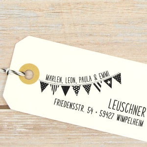 Familienstempel mit Wimpelkette / Adressstempel "Wimpel" / personalisierter Stempel / Stempel personalisiert Fähnchen