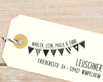 Familienstempel mit Wimpelkette / Adressstempel "Wimpel" / personalisierter Stempel / Stempel personalisiert Fähnchen