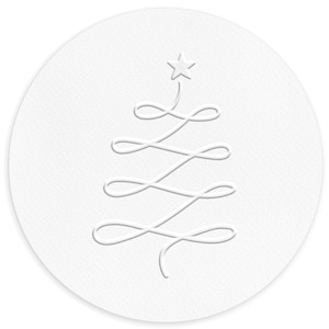 Op de afbeelding: Een witte cirkel met een eenvoudige lijntekening van een kerstboom met een ster bovenop.