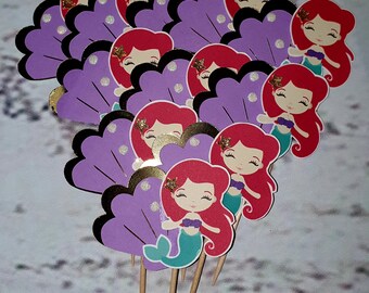 Little Mermaid Cupcake Toppers, toppers de cupcakes de conchas marinas, toppers de cupcakes de estrellas de mar