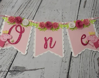 Peppa Pig One High Chair Banner, banner per seggiolone a tema Peppa Pig, banner per sedia per il primo compleanno di Peppa Pig.
