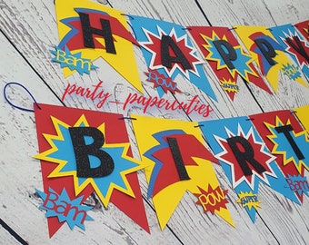 Super Hero Happy Birthday Banner, Pow Bam Birthday Banner, Bam Pow Birthday Banner.