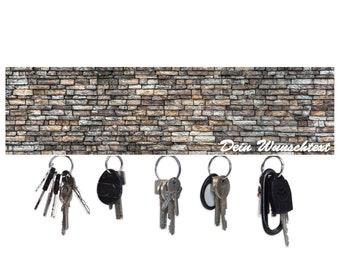 Personalized wooden magnetic key rack for up to 5 keys 40x10x1.8 cm: stone wall