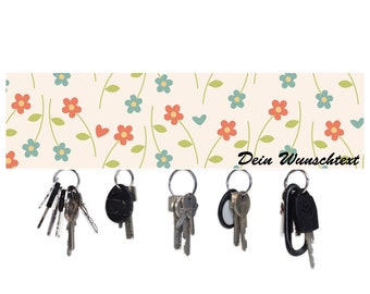 Personalized wooden magnetic key rack for up to 5 keys 40x10x1.8 cm: flowers