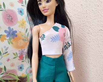 One sleeve floral top and dark green shorts for 1:6 dolls
