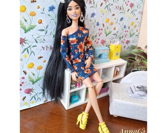 Blue and floral dress for 1:6 fashion dolls