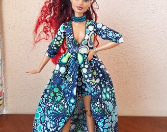 Deep blue and green long asymmetrical coat dress for 1 6 dolls