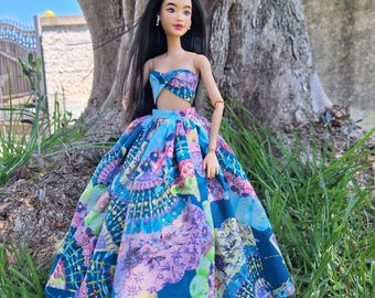 Blue print long full skirt and crossed top for 1 6 dolls