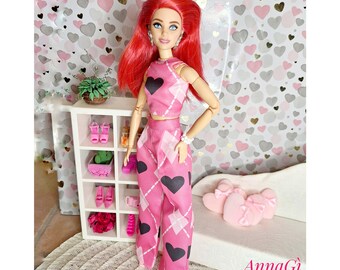 Saint Valentine's Day outfit, Top and Palazzo Pants for 1:6 fashion dolls