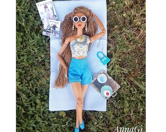 one shoulder top and blue shorts for 1:6 dolls
