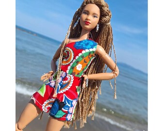 red paisley one shoulder romper for 1:6 dolls