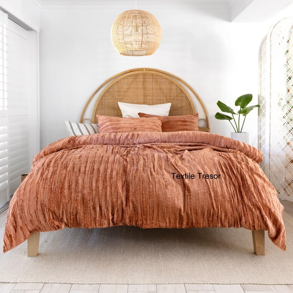 Ultra Luxury Crushed Velvet Duvet Cover 3 Pcs Set Boho Bedding King/Queen/Full Quilt Cover Terracotta Velvet Duvet cover