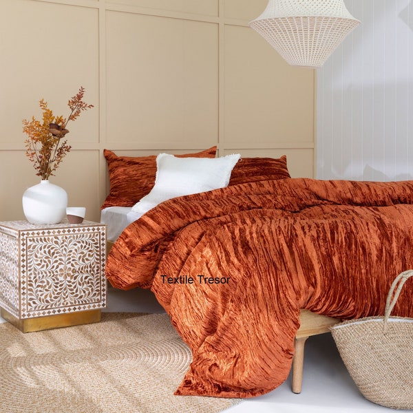 Ultra Luxury Rust Crushed Velvet Duvet Cover Boho Bedding UO Comforter Cover Bohemian Donna Quilt Cover Velvet Bedding 3 Pcs Duvet Set