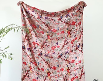 Rose Gold Bird Printed Velvet Throw Blanket With Tassels Soft Velvet Boho Sofa Throw For Living Room Christmas Gift Exclusive Bed Decor