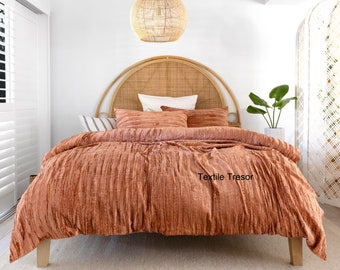 Ultra Luxus Crushed Samt Bettbezug 3 Stück Set Boho Bettwäsche König / Königin / Full Quilt Cover Terracotta Samt Bettbezug