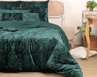 Housse de couette en velours vert émeraude, ensemble de housse de couette Donna de literie bohème, couvre-lit en velours damassé, housse de couette en velours doux