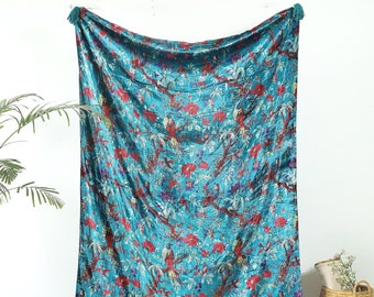 Teal Blue Bird Velvet Throw Blanket With Tassels Soft Velvet Boho Sofa Throw For Living Room Christmas Gift Exclusive Home Decor