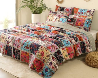 Paradiesvogel Patchwork Gepolsterte Kantha Quilt, Boho Bettdecke Tröster, Kantha Bettwäsche Boho Tagesdecke Boho Quilt