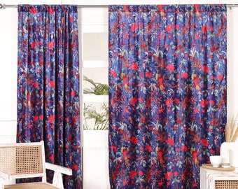 Royal Blue Bird Of Paradise Printed Velvet Curtains, Custom Window Curtain Panels, Boho Curtain For Living Room, Dining Room Closet Curtain