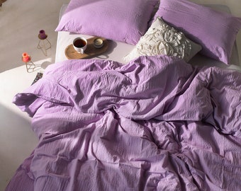 Lilac Color Crispy cotton Duvet Cover, Textured Cotton Comforter Cover, Twin/Full/Queen/King/CL. King Boho Bedding, Girls Dorm Bedding Set