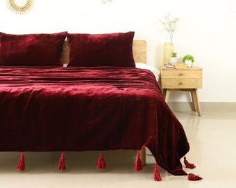 Red Maroon Velvet Bedspread Velvet Throw Blanket With Handmade Knotted Tassels Soft Velvet Boho Sofa Throw For Living Room UO Christmas Gift