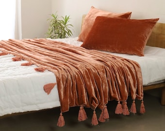 Terracotta Velvet Bedspread Velvet Throw Blanket With Handmade Knotted Tassel Soft Velvet Boho Sofa Throw For Living Room Christmas Gift