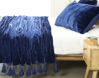 Royal Blue Luxe Velvet Bedspread, Throw Blanket With Handmade Knotted Tassels Soft Velvet Boho Sofa Throw For Living Room Christmas Gift