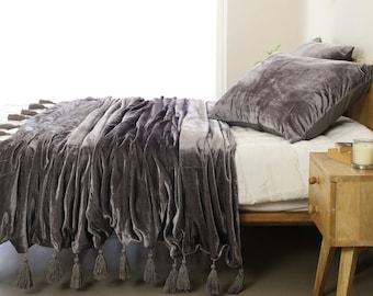 Gray Luxe Velvet Bedspread Velvet Throw Blanket With Handmade Knotted Tassels Soft Velvet Boho Sofa Throw For Living Room Christmas Gift
