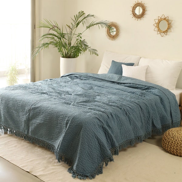 Solid Color Gray Blue Handmade 100% Cotton 3 Layer Padded Kantha Quilt, Boho Coverlet Comforter Kantha Bedding Bohemian Bedspread Boho Quilt