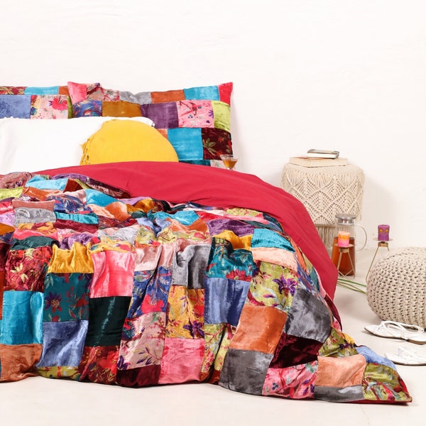 Multicolored Solid & Printed Velvet Patchwork Boho Bedding Set, Twin/Full/Queen/King/CL. King  Size Duvet Cover Set, Dorm Bedding Gift