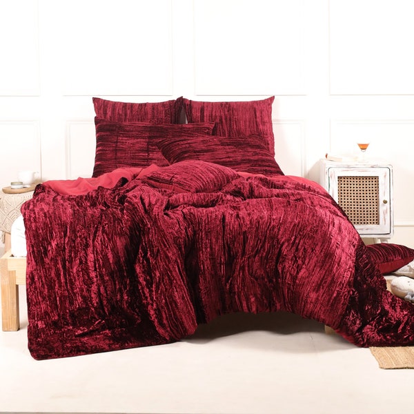 Luxury Red Marron Crushed Velvet Duvet Cover Boho Bedding Cover Quilt Cover Velvet Bedding Twin/Full/Queen/King/CL. King Size Duvet Set