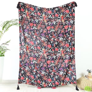 Black Bird Printed Velvet Throw Blanket With Tassels Soft Velvet Boho Sofa Throw For Living Room Christmas Gift Exclusive Bed Decor