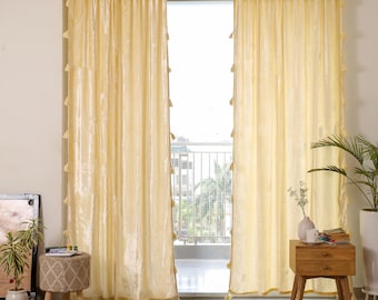 Cortina de terciopelo amarillo crema, estilo bohemio, divisor de ambientes, personalizada, de alta calidad, extragrande, para comedor.