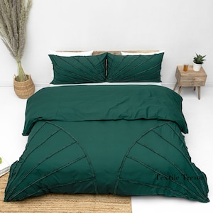 3 Pieces Tufted Cotton Duvet Cover Set, Boho Bedding Queen King Comforter Cover With Pillow Cases, Dark Green Duvet Cover, Tufted Duvet Set