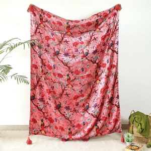 Pink Bird Velvet Throw Blanket With Handmade Knotted Tassels Soft Velvet Boho Sofa Throw For Living Room Christmas Gift