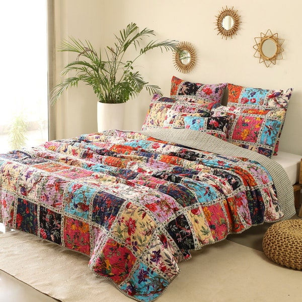 Bird Of Paradise Patchwork Padded Kantha Quilt, Boho Coverlet Comforter, Kantha Bedding Bohemian Bedspread Boho Quilt