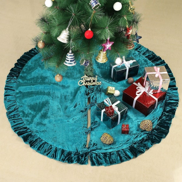 Teal Blue Velvet Christmas Tree Skirt, Luxury Velvet Plush Fur Skirt With Ruffle, Xmas Decoration Holiday Party Decor, Christmas Home Decor