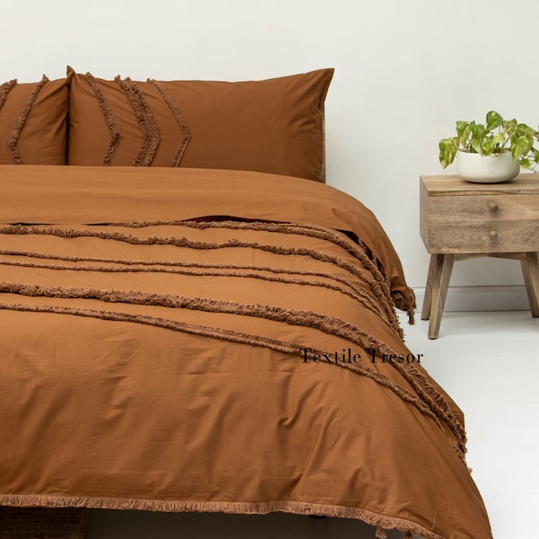 "3-teiliges Set ""Cinnamon Color"" Tufted Bettbezug, Baumwollbettdecke, Boho-Bettwäsche, Trösterbezug, Queen Duvet Cover, UO Bettwäsche, Bettwäscheset."