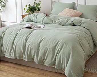 3 Pc Cotton Duvet Cover In Sage Green, Duvet Cover With Buttons, King Queen Twin 100% Cotton Duvet Cover Green Bedding Duvet Cover Set