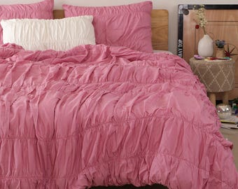 Dusty Pink Pure Cotton Wrinkle Duvet Cover, Comforter Cover, 100% Cotton Boho Duvet Cover, Bohemian Dorm Bedding Set, Housewarming Gift