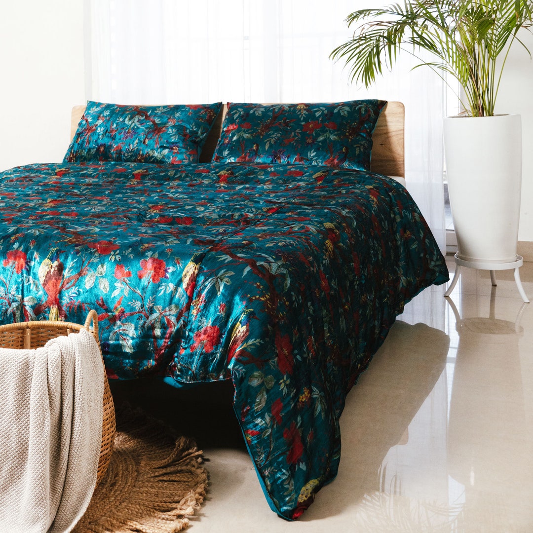 Teal Blue Bird of Paradise Printed Velvet Duvet Cover, Velvet Comforter